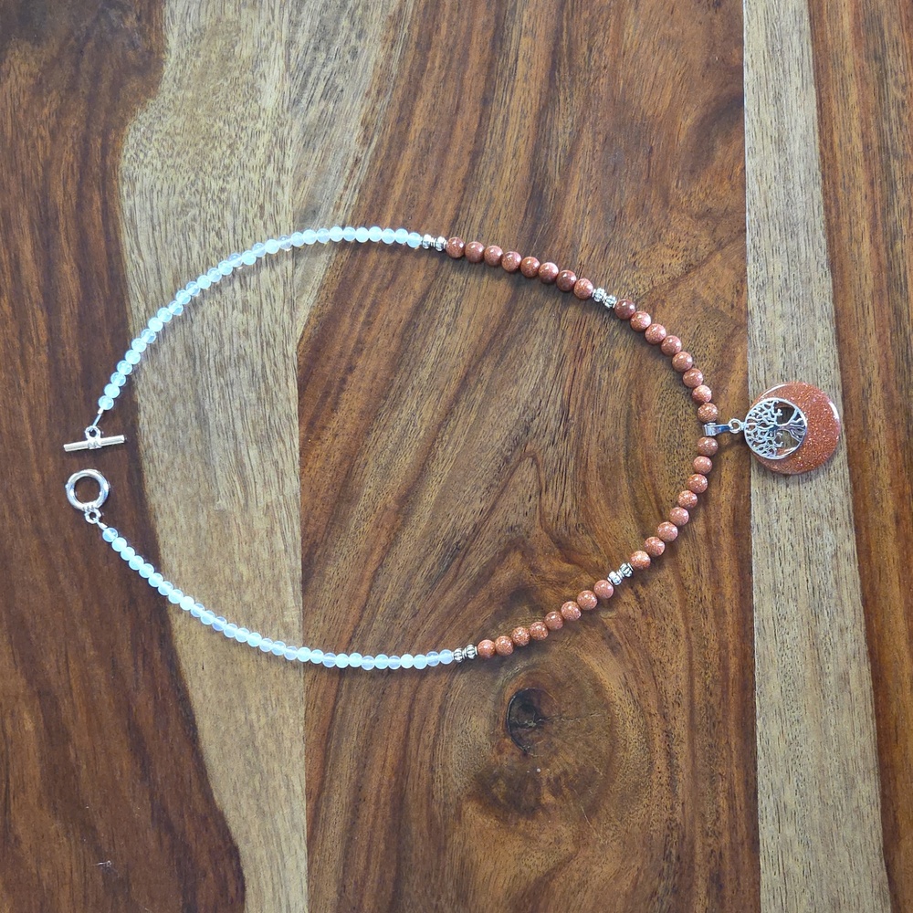 Tree of Life Pendant Necklace with White and Brown Beads
